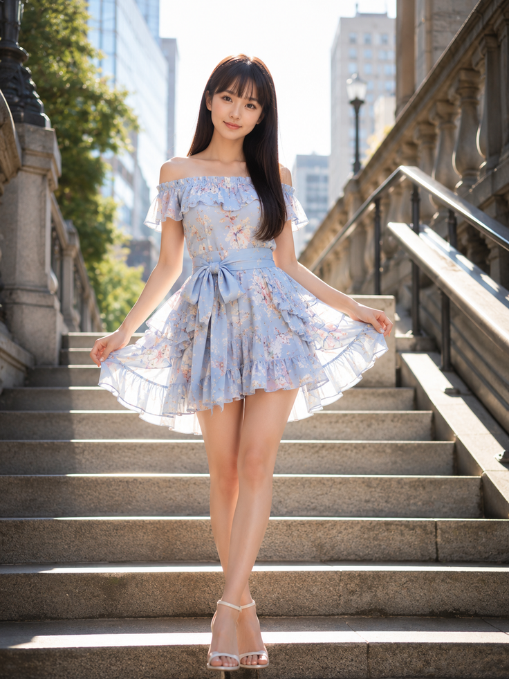 Woman in a light blue floral dress standing on outdoor stairs
