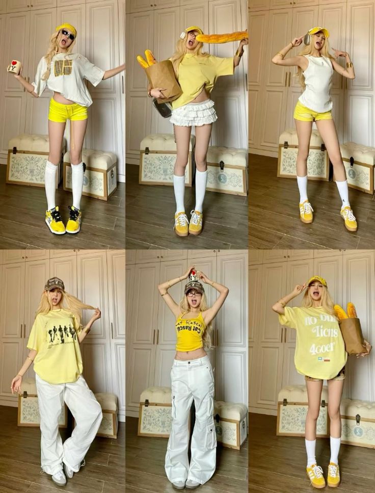 Six full-body shots of a person in various yellow and white outfits indoors