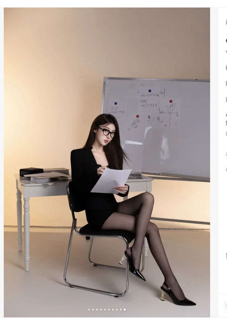 Woman in a black blazer and pantyhose sitting in front of a whiteboard