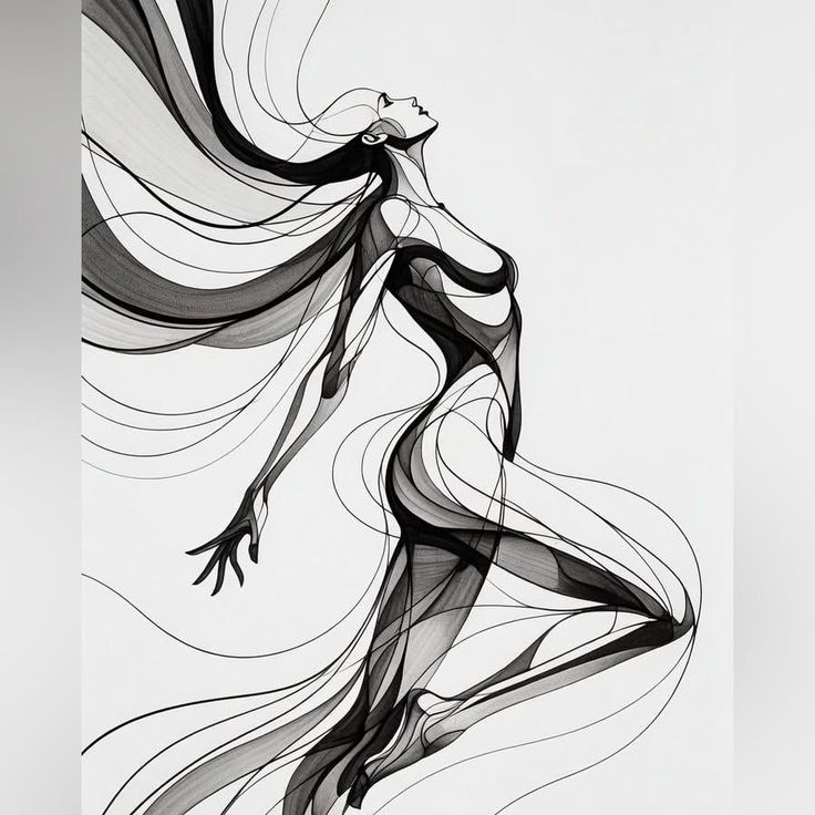 Abstract illustration of a figure with flowing lines and long hair in a dynamic pose