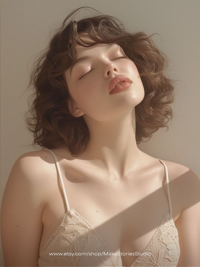Woman with short curly hair in a lace top, bathed in soft warm light