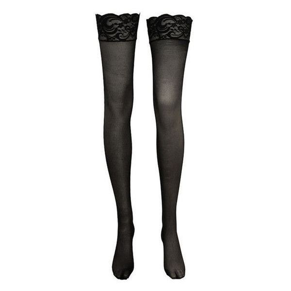 Pair of black sheer thigh-high stockings with lace trim
