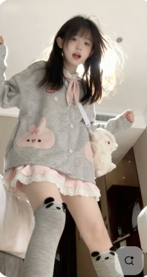 Young woman in a gray cardigan and pink skirt with panda socks indoors