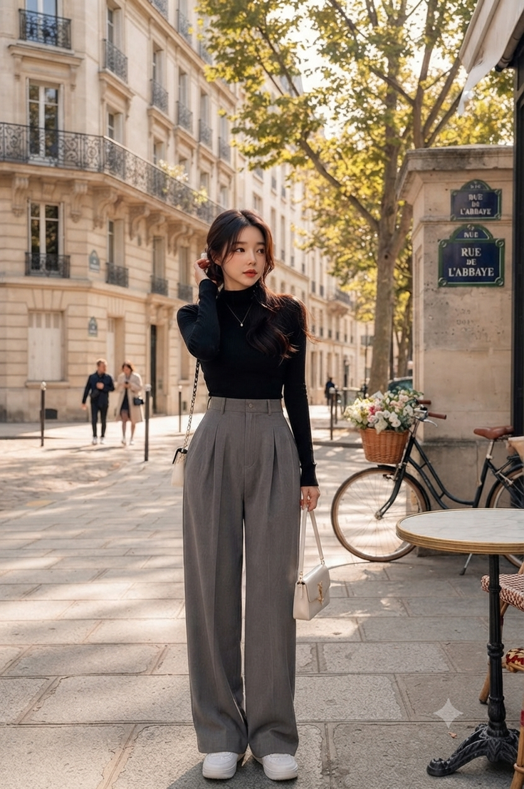 Woman in a black turtleneck and grey wide-leg pants on a European street