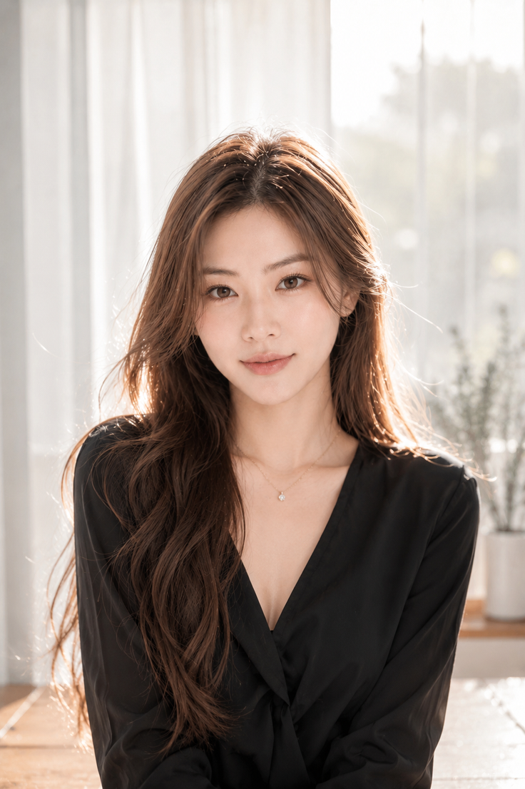 Woman with long brown hair wearing a black top and necklace, bathed in soft backlight