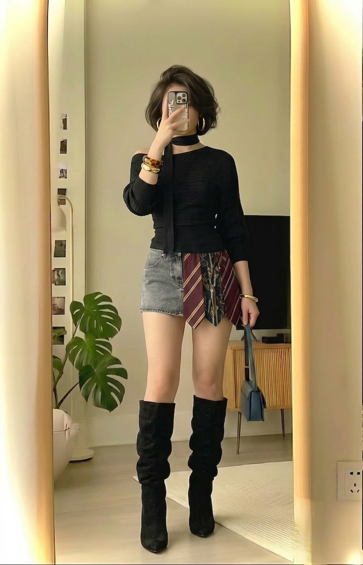 Woman in an off-shoulder top, mini skirt, and knee-high boots taking a mirror selfie