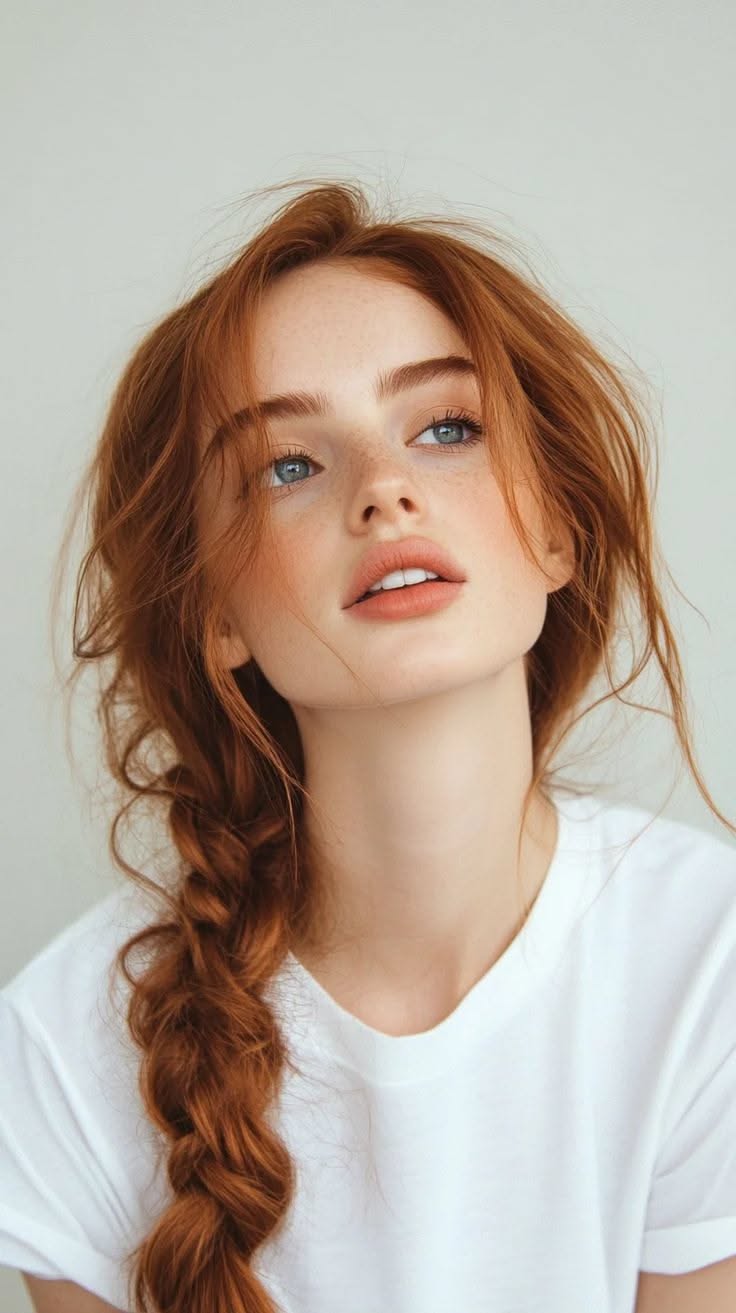 Woman with red braided hair and freckles looking up