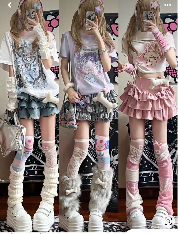 Three people in different pastel-colored outfits with platform shoes and leg warmers