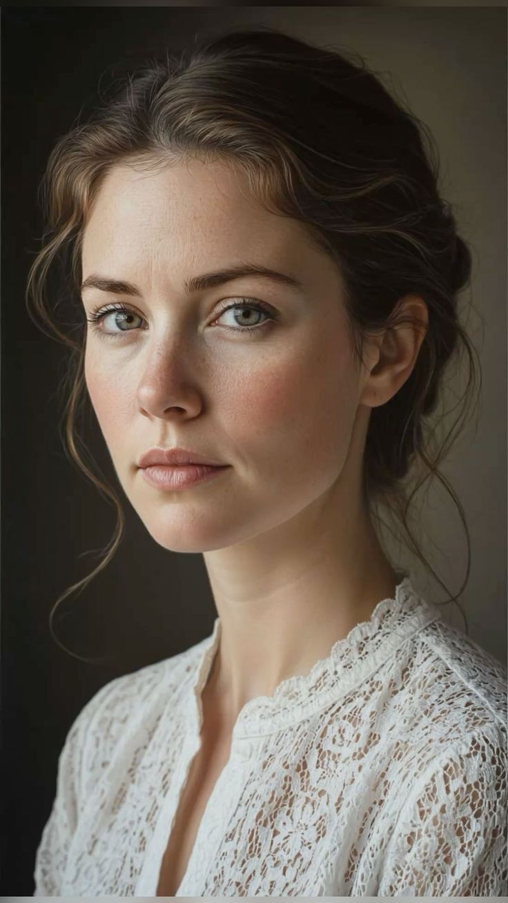 Woman with brown hair wearing a white lace top, looking directly at the viewer
