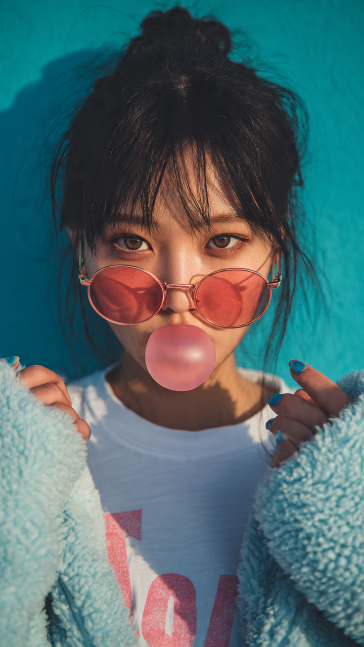 Woman with pink sunglasses blowing bubblegum against a blue background
