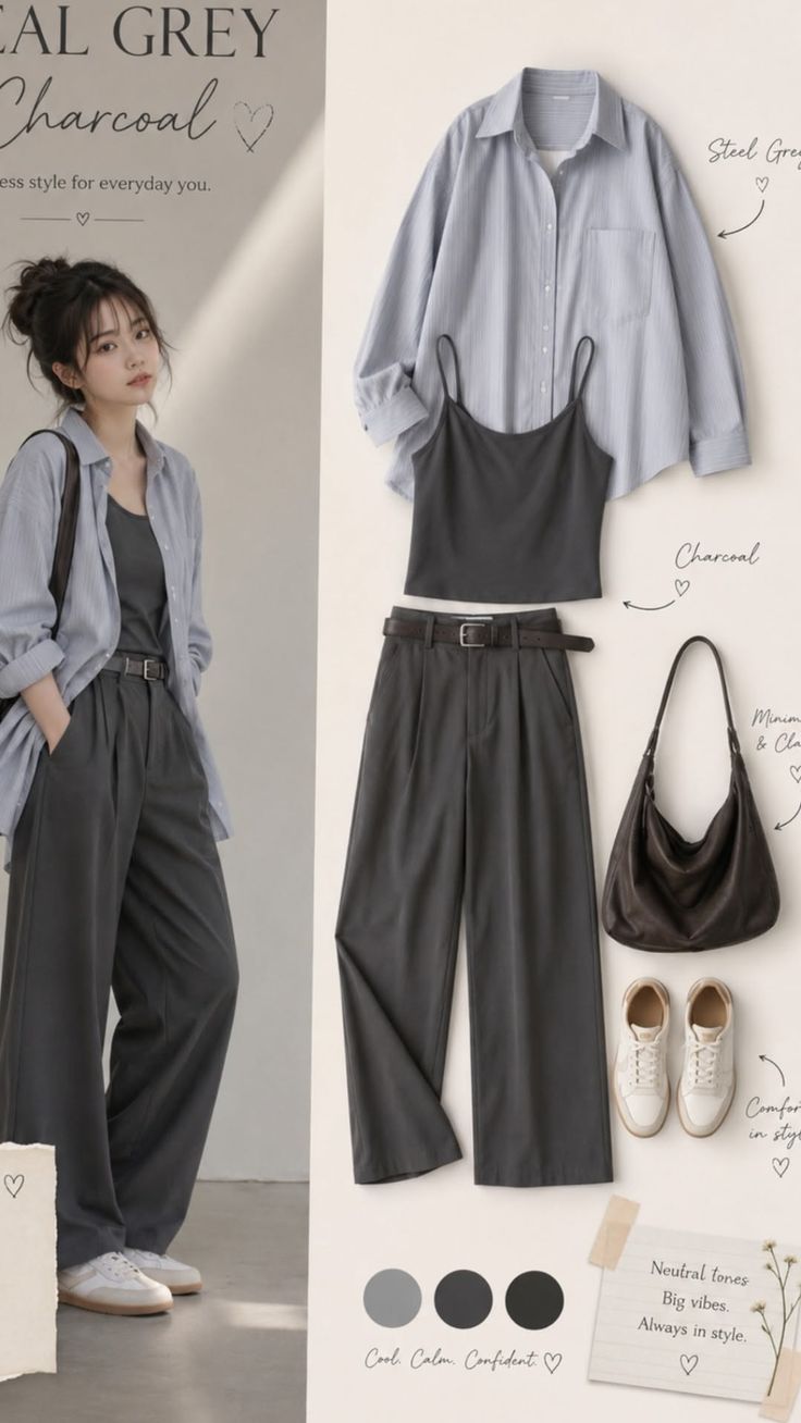Woman in a casual outfit with a loose shirt and wide leg pants