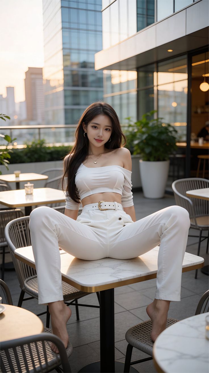 Woman in a white crop top and pants posing on a table at an outdoor cafe