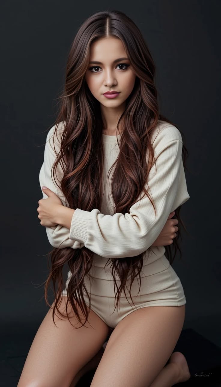Woman with long wavy hair wearing a beige top and shorts against a dark background