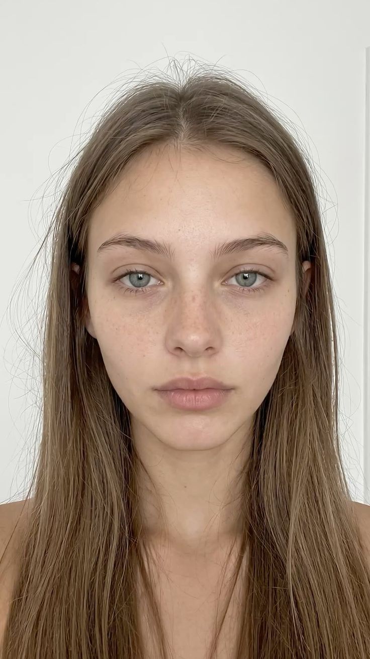 Young woman with long brown hair and blue eyes looking directly at the camera
