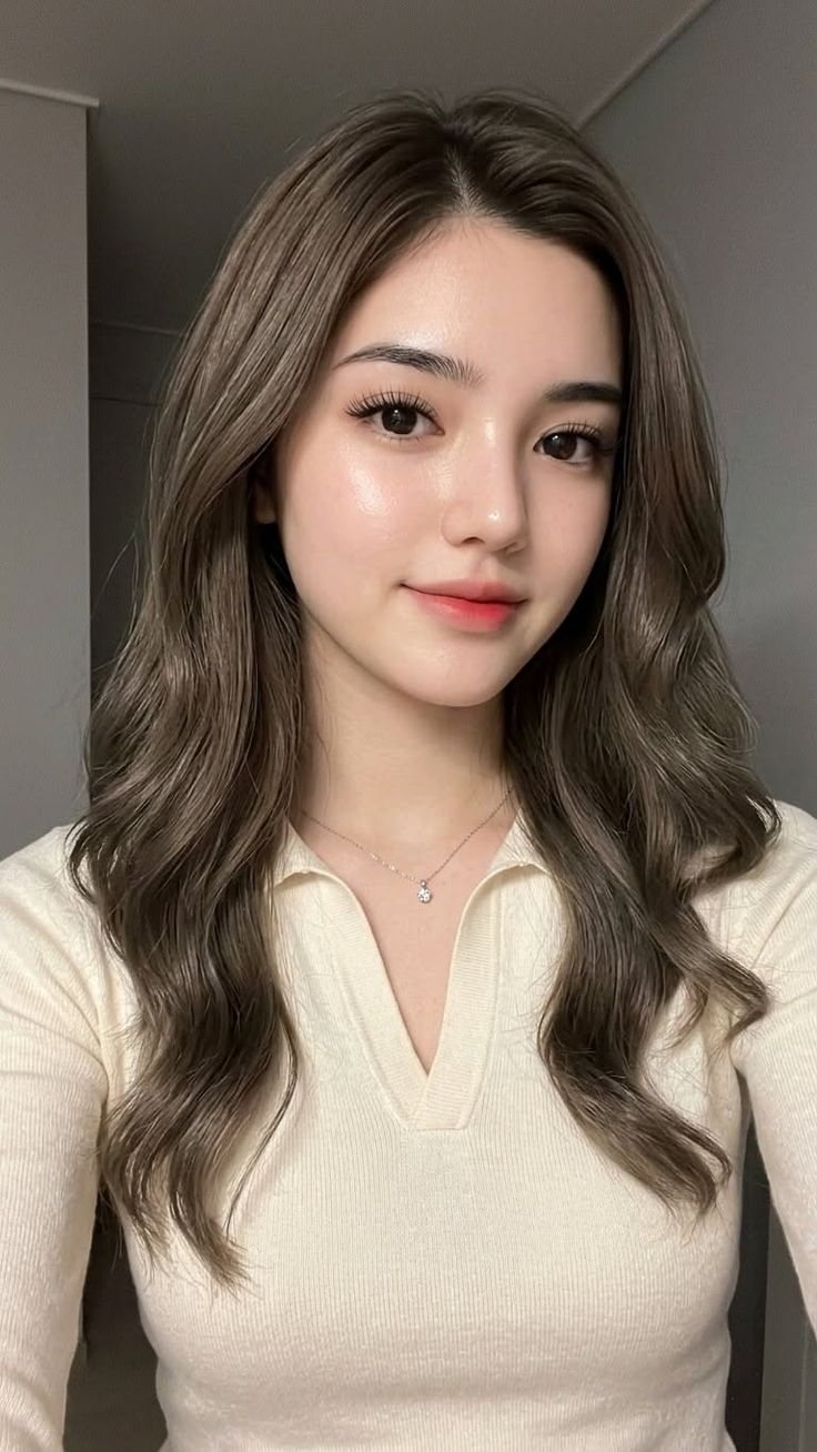 Woman with long wavy hair wearing a collared shirt and necklace