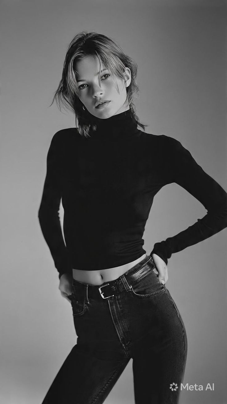 Woman in a black turtleneck and jeans with exposed midriff in a studio