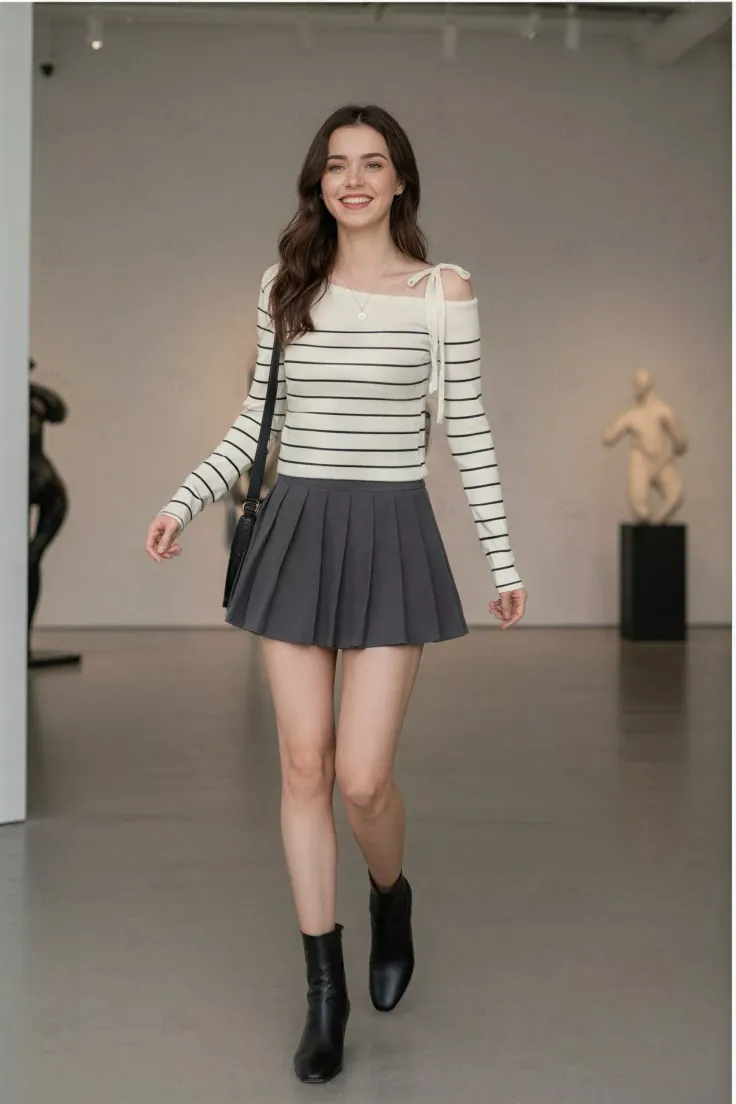 Woman with long hair wearing a striped top and pleated skirt walking indoors