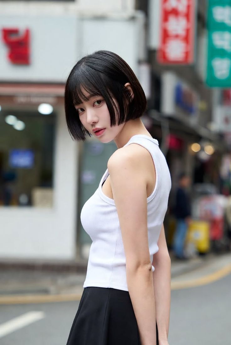 Woman with short black hair in a white tank top on a street