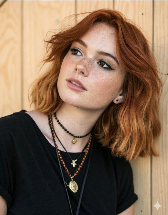 Woman with red hair and freckles wearing a black t-shirt and layered necklaces