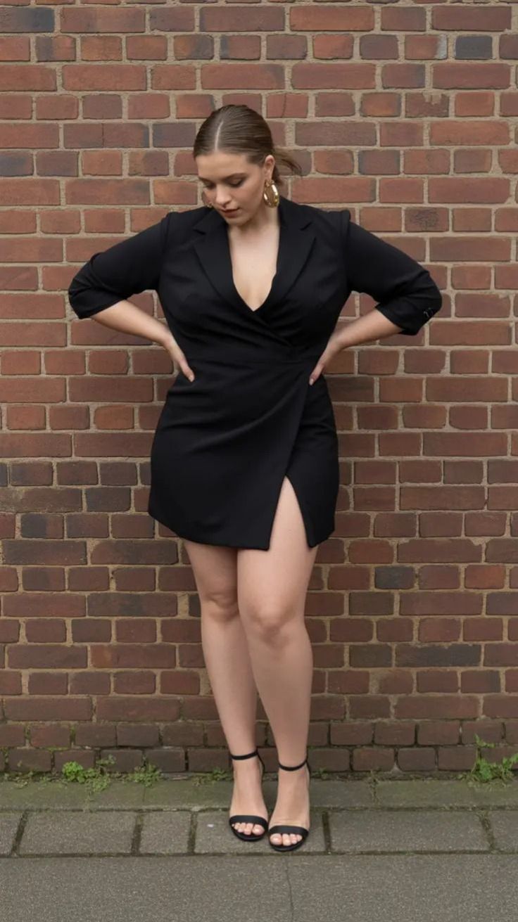 Woman in a black blazer dress with a high slit and gold hoop earrings