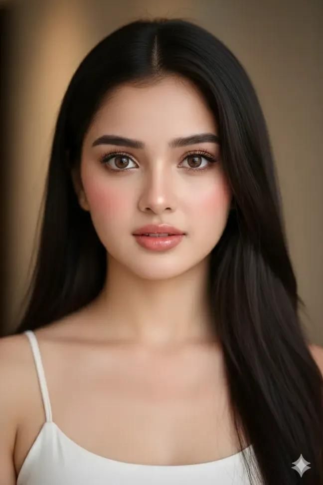Woman with long black hair wearing a white camisole, captured in a soft-lit portrait