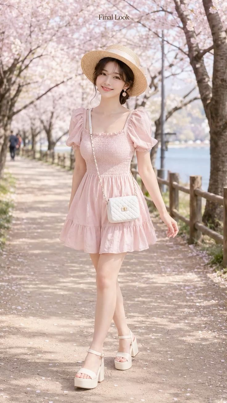 Woman in a pink dress and straw hat walking under cherry blossom trees