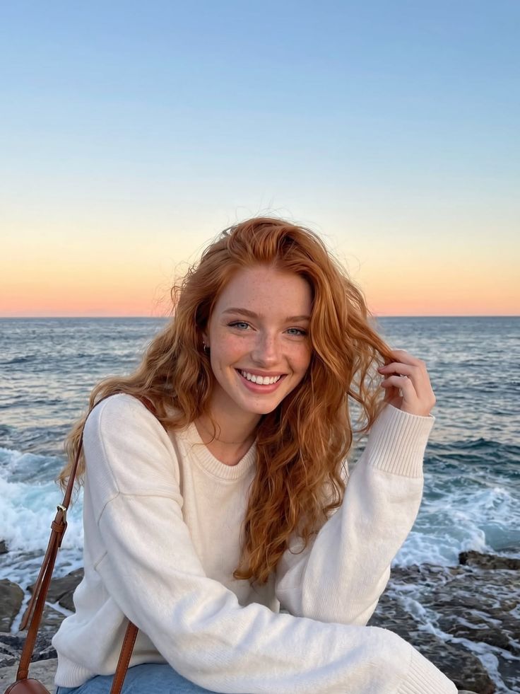 Smiling woman with red hair and freckles by the ocean at sunset