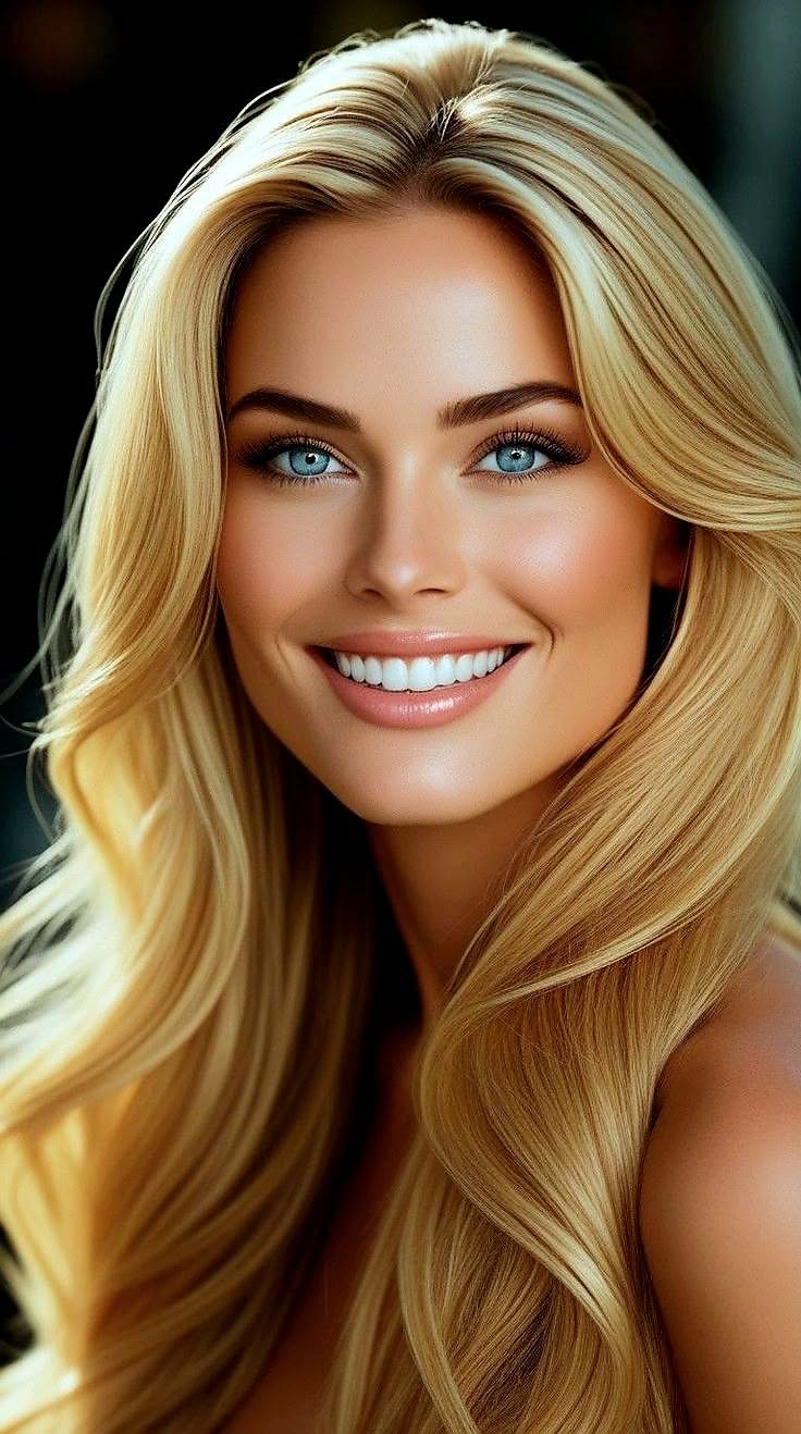 Blonde woman with blue eyes smiling with long hair and soft lighting
