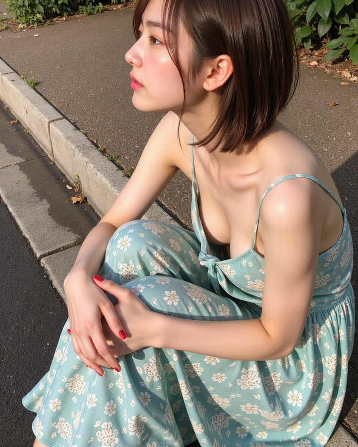 Woman with short hair in a floral dress sitting outdoors