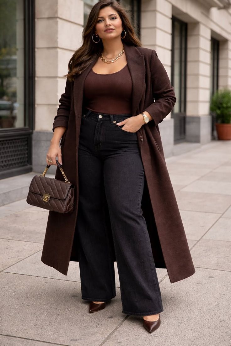 Woman in a long brown coat and wide leg jeans on a city street
