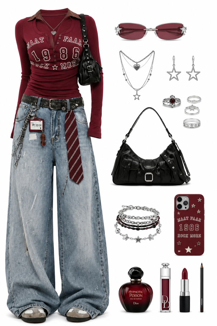 Full body flat lay of a casual outfit with accessories on a white background