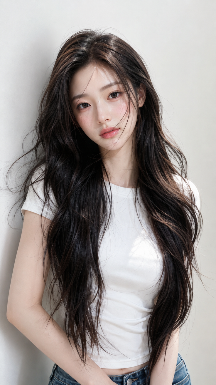 Woman with long dark hair wearing a white t-shirt and jeans, leaning against a wall