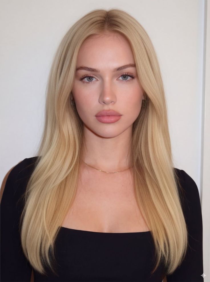 Woman with long blonde hair and blue eyes wearing a black top and gold necklace