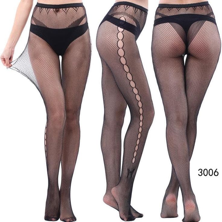 Three views of a person wearing black fishnet stockings and underwear