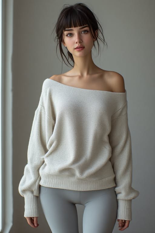 Woman with dark hair and bangs wearing an off-shoulder sweater and leggings indoors