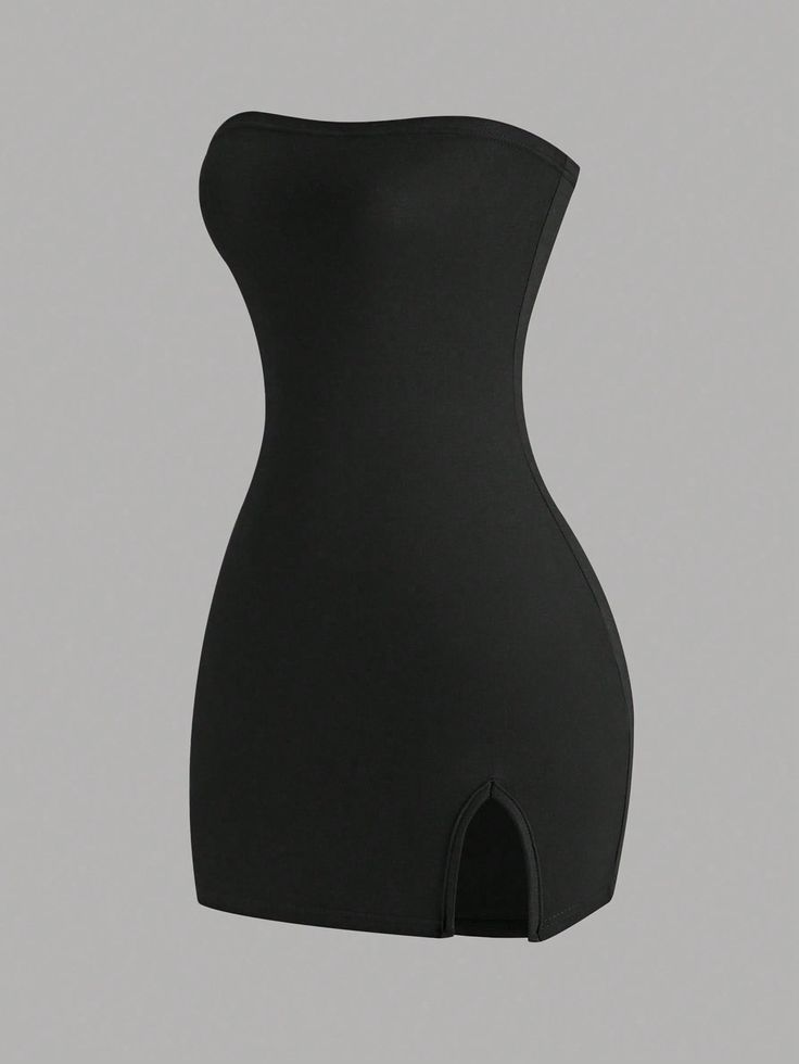 Black strapless bodycon mini dress with a side slit
