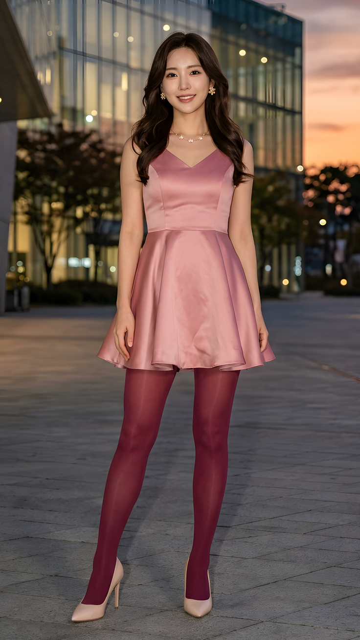 Woman in a pink dress and red tights standing outdoors at twilight