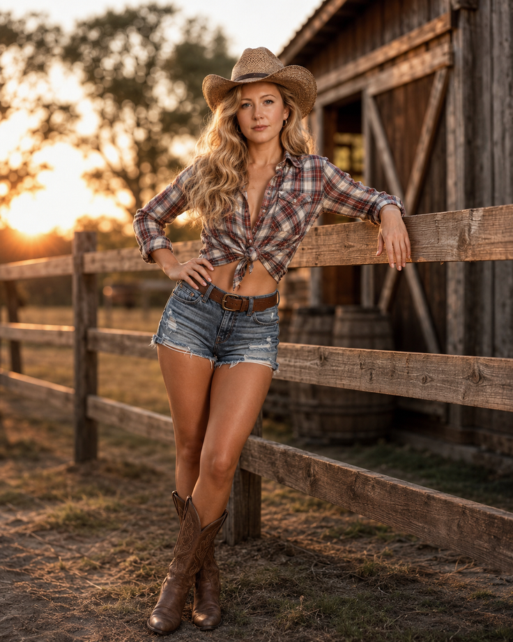 Woman in a cowboy hat and denim shorts leaning on a fence at golden hour