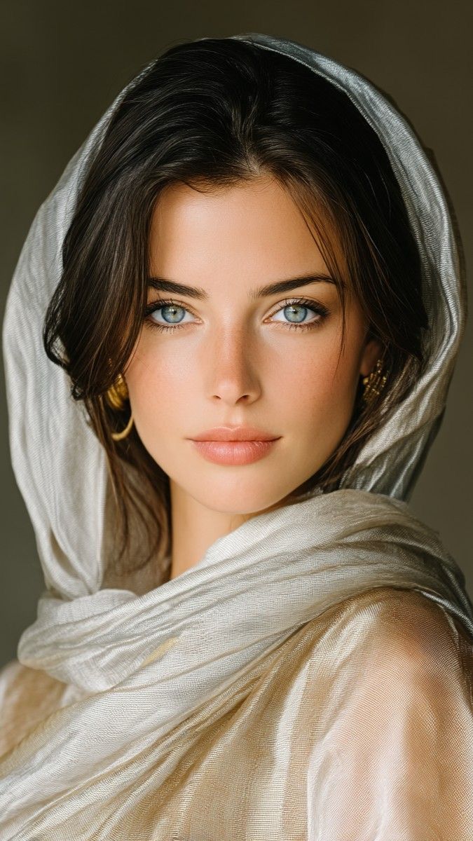 Woman with blue eyes and dark hair wearing a light headscarf and gold earrings