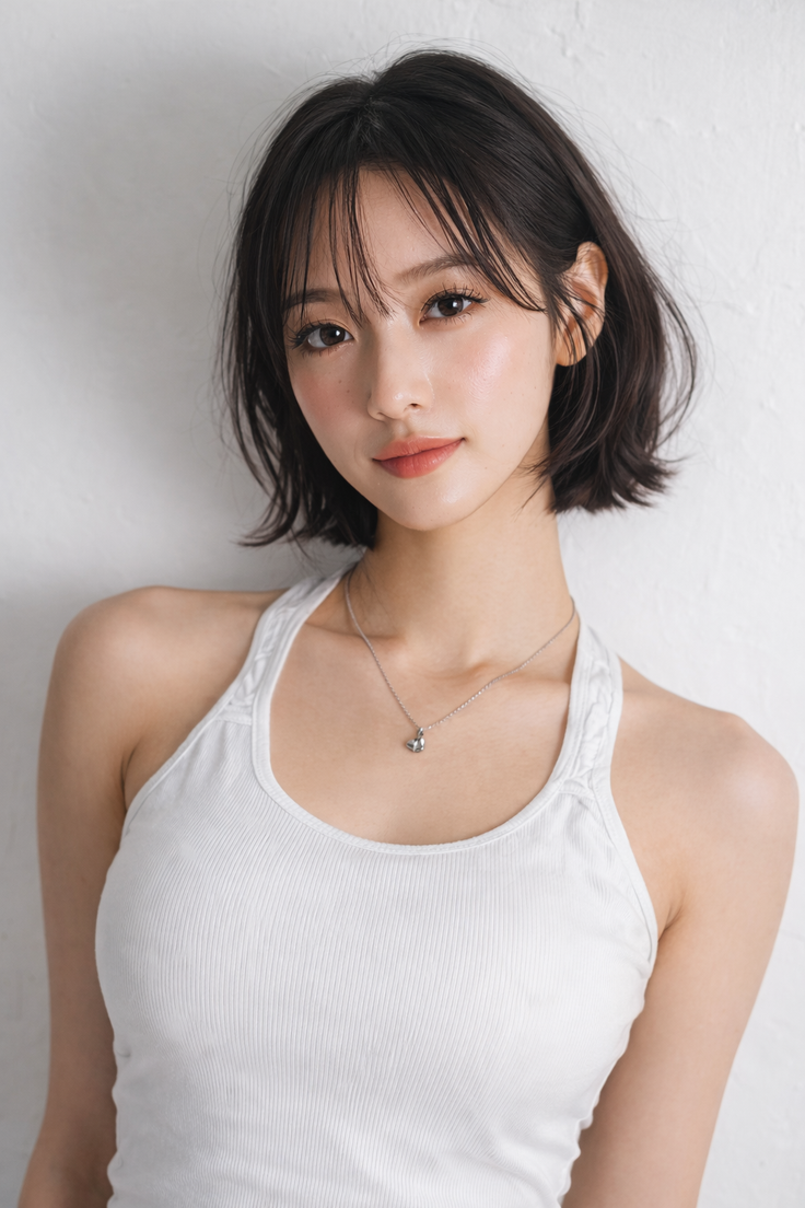 Woman with short dark hair wearing a white tank top and silver necklace