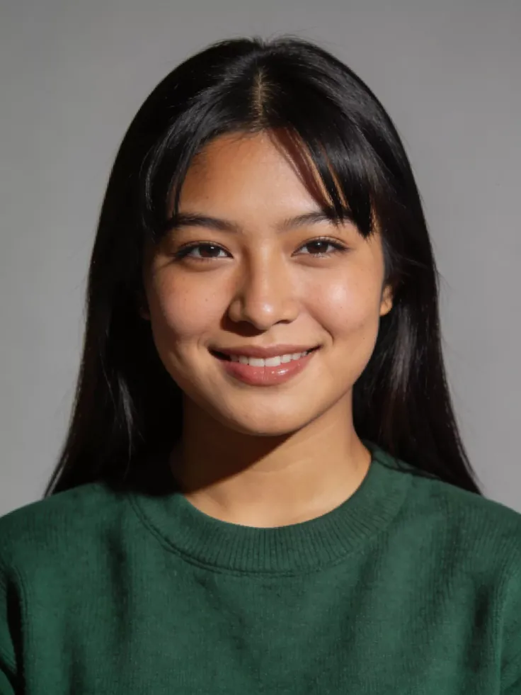 Young woman with long dark hair and a green sweater smiling at the camera