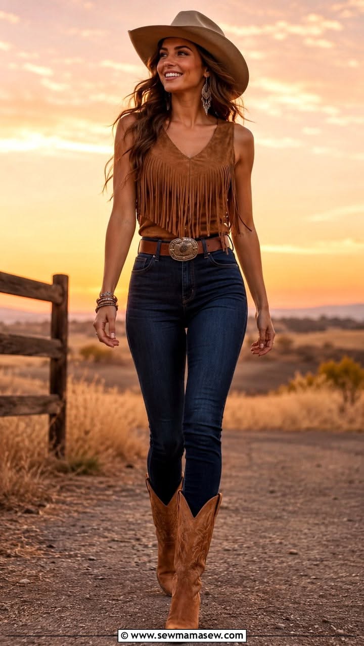 Woman in cowboy attire walking on a dirt path at sunset