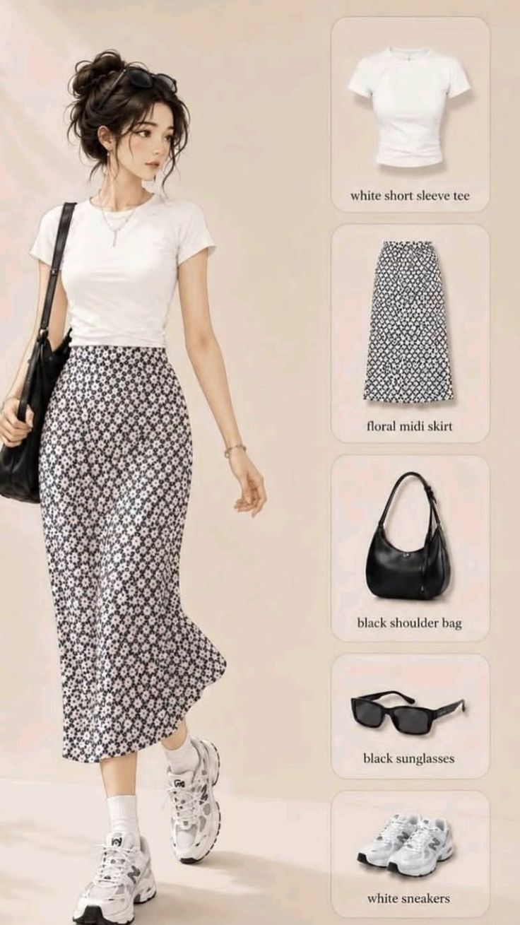 Woman in a white t-shirt and floral midi skirt with a black shoulder bag
