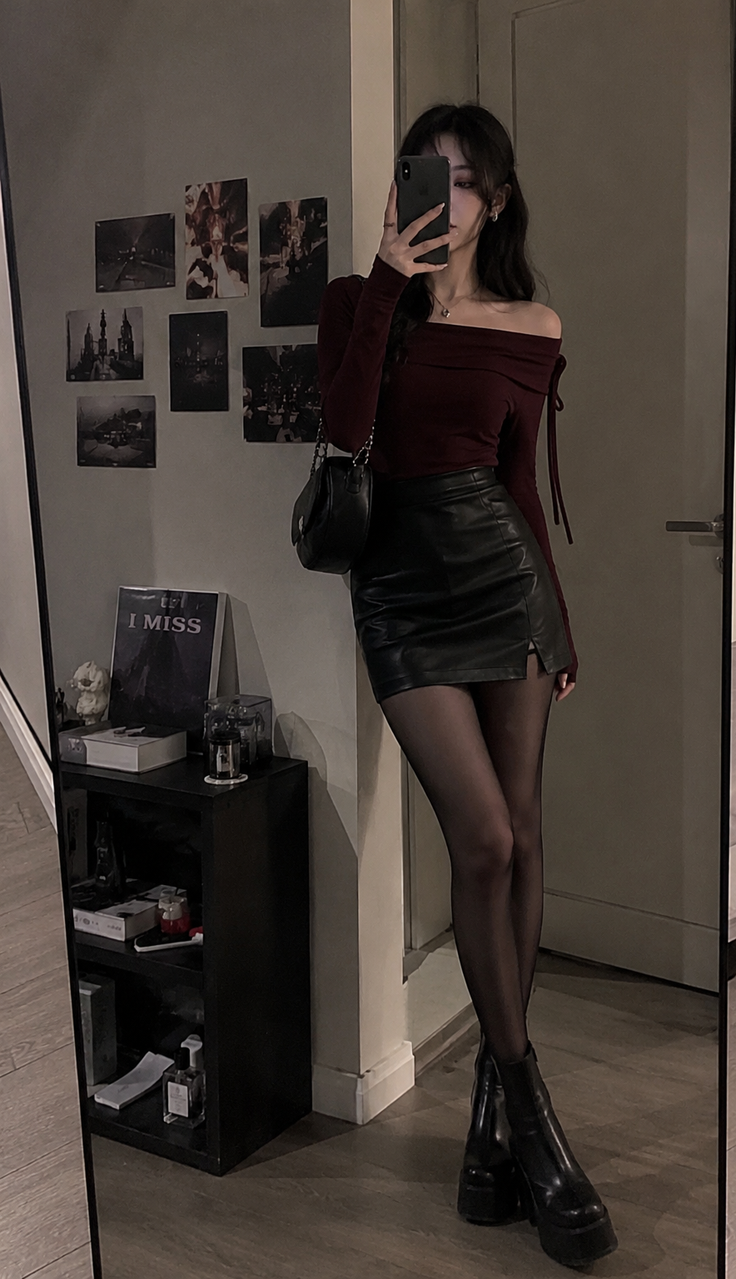 Woman in an off-shoulder top and leather skirt taking a mirror selfie