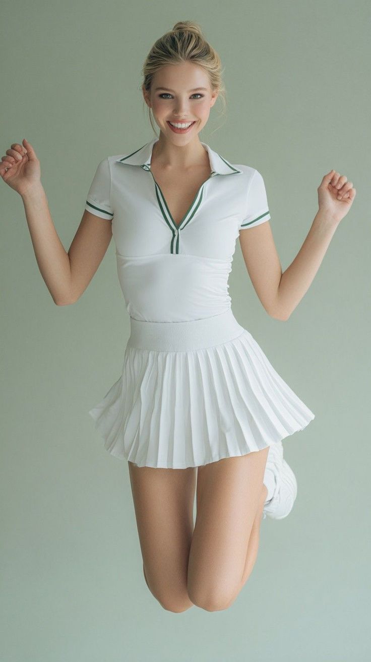 Blonde woman in a white tennis outfit jumping with a happy expression