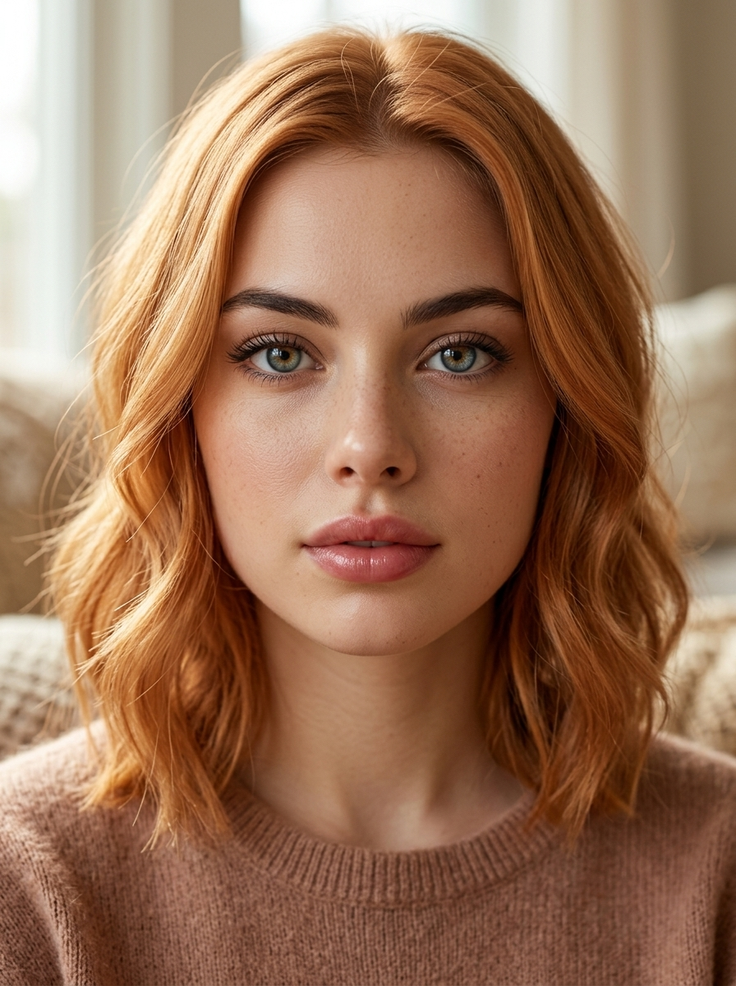 Woman with red wavy hair and green eyes wearing a brown sweater
