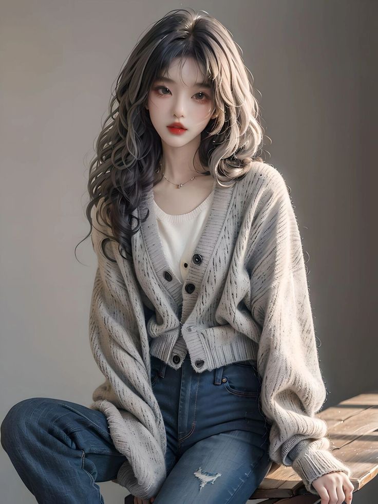 Woman with long wavy hair wearing a cardigan and jeans, sitting indoors