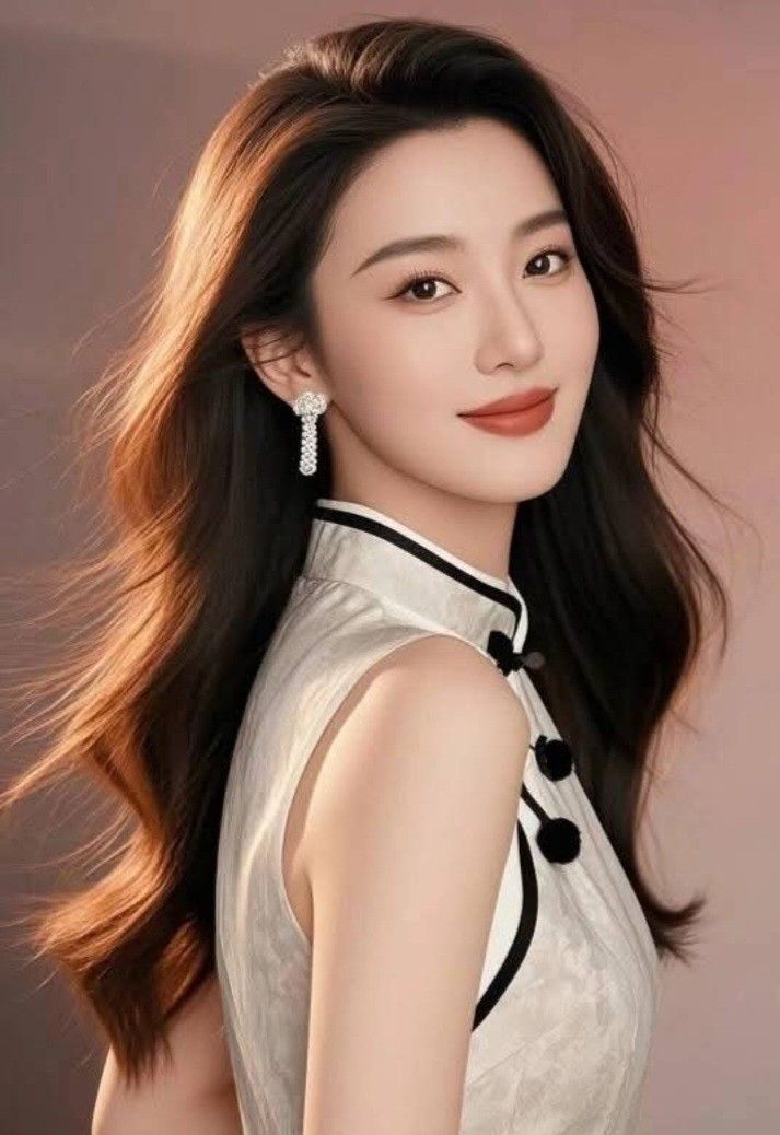 Woman with long hair wearing a white cheongsam and earrings, looking over her shoulder