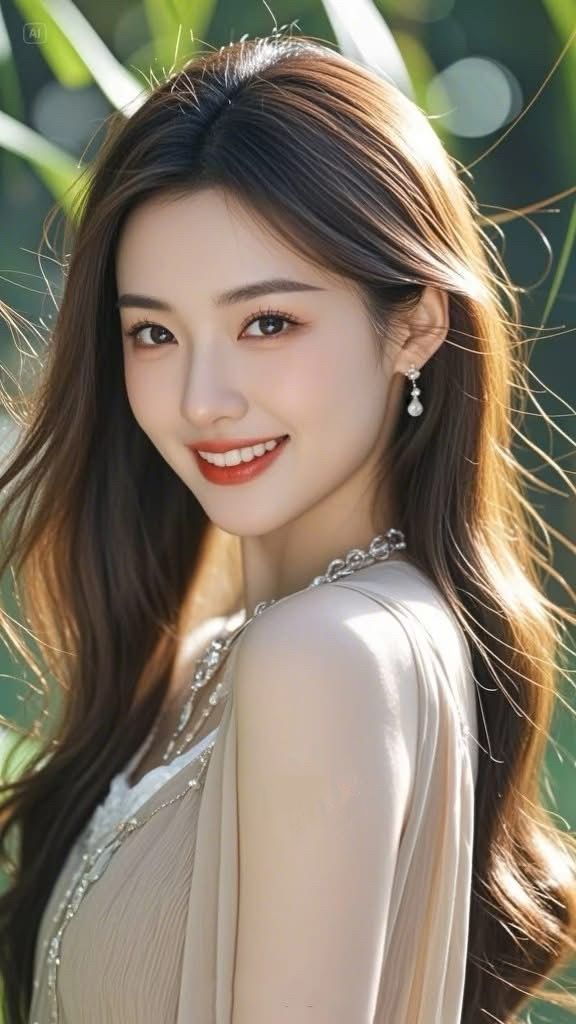 Smiling woman with long hair and earrings in soft outdoor lighting