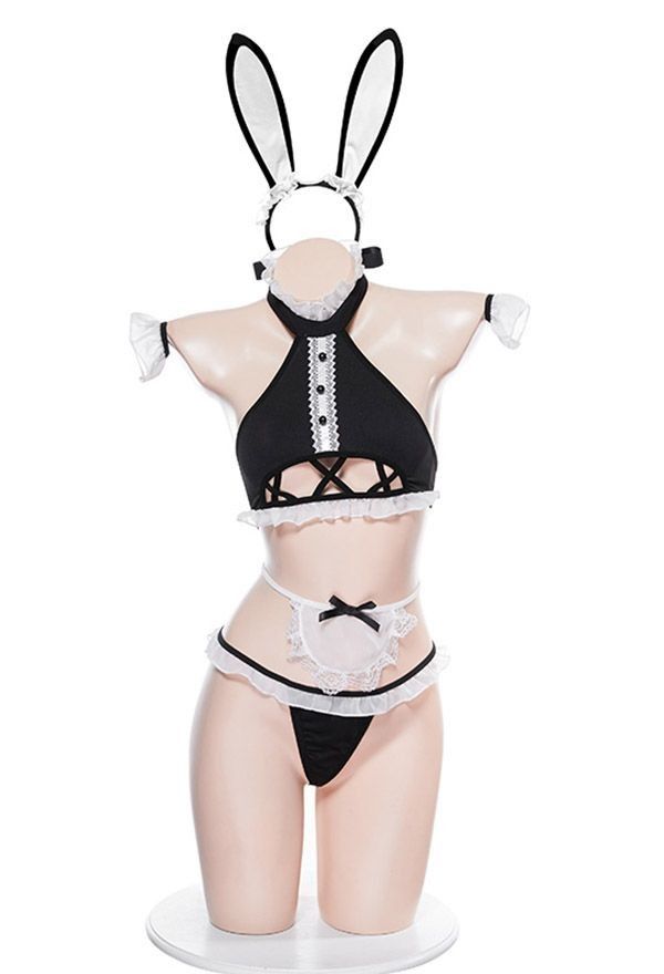 Black and white maid-style lingerie with bunny ears on a mannequin